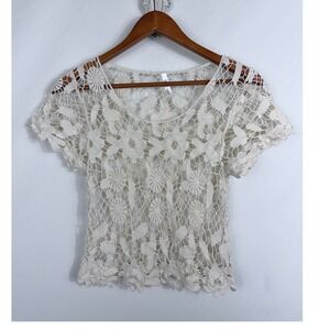 Daisies Crochet Top Womens Small Ivory Floral Knit Boho Cottagecore Short Sleeve